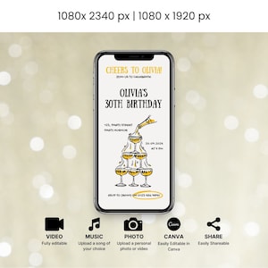 Birthday Champagne Tower Editable  Invitation, Hand Drawn Illustration Party, 30th, 40th, 50th, Birthday Invite, Online Canva Template