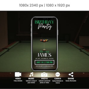 Inbjudan till biljardfest: Redigerbar biljardbords-e-inbjudan (digital nedladdning)