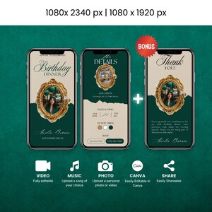 Editable Birthday Invitation Template Green Birthday Dinner party Invitation with photo Animated Video Invite Instant download 2024
