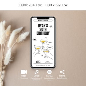 Convite de aniversário divertido e animado, convite editável de felicidades, coquetel de rabiscos desenhados à mão, 30, 40, 50, modelo Canva on-line