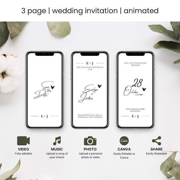 Animated wedding Save the Date, Video Invitation Template, Instant Download Digital Phone Invitation Canva Text Message Phone, Save the Date