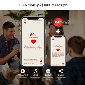 Invito di compleanno a forma di cuore, invito elettronico di classe per casinò, invito per festa di poker, invito digitale per casinò, invito video con download istantaneo di carte da gioco