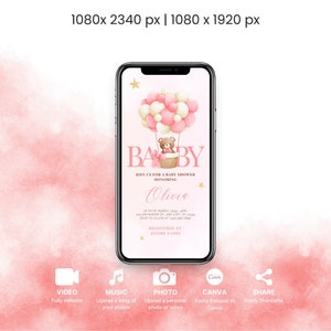 Modelli di invito per baby shower digitale per bambine, invito elettronico per baby shower con orsetto, invito per baby shower con palloncini, download immediato
