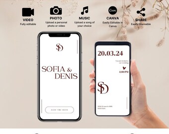 Video invitación animada para guardar la fecha de boda: Plantilla editable de Canva (descarga digital)