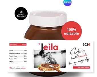 Une étiquette photo personnalisable Nutella, un fichier numérique pour les anniversaires, et un cadeau personnalisé pour lui, cadeau pour elle
