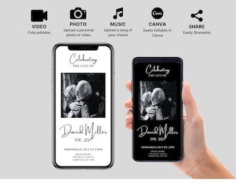 Invitación electrónica para funeral en blanco y negro: Celebración de la vida (descarga instantánea)
