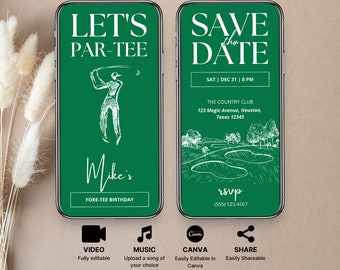 Invito per festa di compleanno a tema golf: disegno verde disegnato a mano (modello Canva)