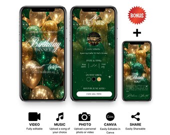 Green & Gold Birthday Dinner Invitation: Editable Phone Invite (Digital Download)
