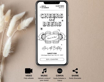 Cheers and Beers Birthday Party Invitation: Editable Beer Theme (Digital Download)