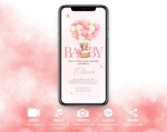 Bear Baby Shower Evite: Pink Balloons, Girl Invitation (Digital Download)