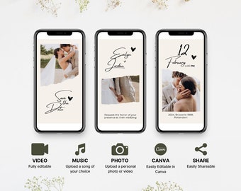Puede incluir: Plantilla de invitación de boda animada de tres páginas en la pantalla de un teléfono inteligente. La primera página dice "Save the Date" con una foto de una pareja. La segunda página tiene los nombres de la pareja y el texto "Request the honor of your presence at their wedding". La tercera página tiene la fecha, la hora y la ubicación de la boda.