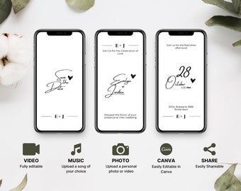 Puede incluir: Plantilla de invitación de boda animada de tres páginas con una fecha para guardar, detalles de la boda e información sobre la fiesta posterior. La plantilla es personalizable con video, música y fotos. La plantilla es fácil de editar en Canva y compartir.