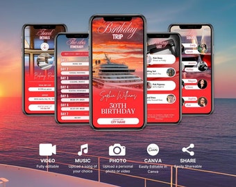 Red Birthday Cruise Invitation Template: Family Reunion Travel Itinerary (Digital)