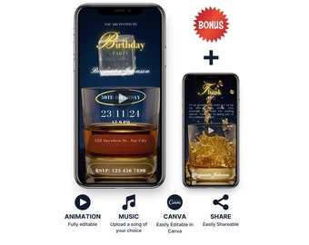 Whisky Birthday Evite: geanimeerde 50e uitnodigingssjabloon (digitale download)