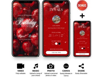 Faire-part d'anniversaire rouge : invitation téléphonique modifiable (téléchargement numérique)