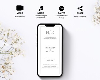 May include: A black and white animated wedding invitation on a smartphone screen. The invitation features the couple's names, Henrietta and Richard, and the date and time of the wedding. The text reads "We invite you to join us to celebrate our marriage".