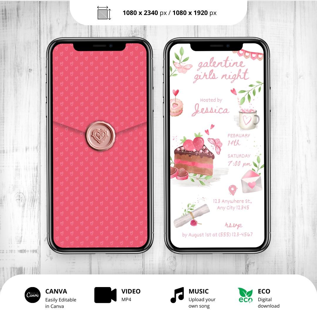 Animated Galentine Girls Night Invitation Canva Template Pink Valentine ...