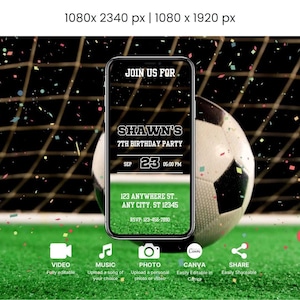 The image is a birthday party invitation for a 7th birthday party, featuring a soccer ball and confetti on a green field.
