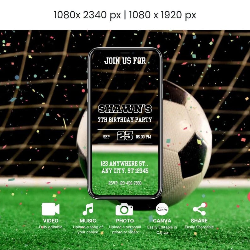 The image is a birthday party invitation for a 7th birthday party, featuring a soccer ball and confetti on a green field.