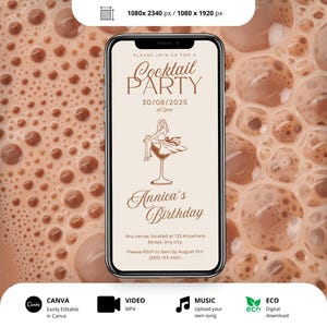 Faire-part d'anniversaire animé pour cocktail, invitation moka modifiable minimaliste moderne, dessiné à la main, 30e, 40e, 50e, modèle DIY en ligne
