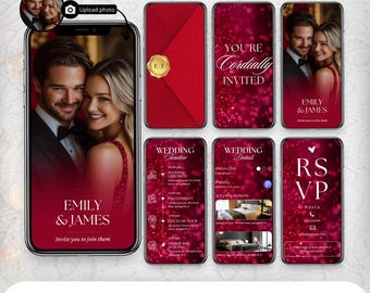 Puede incluir: Diseño de invitación de boda digital que se muestra en un teléfono inteligente. El diseño incluye una foto de la pareja, detalles de la boda e información de RSVP. La combinación de colores es burdeos y dorado. Se muestran los nombres "Emily & James".