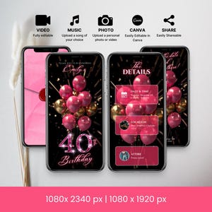 Invitación en video animada para el 40.° cumpleaños, globos glamorosos, plantilla editable para fiesta de lujo en tonos rosa y dorado, letra con sello de cera