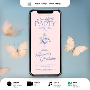 Faire-part d'anniversaire animé pour une soirée cocktail, invitation minimaliste moderne dans des tons de blush modifiables, dessiné à la main, 30e, 40e, 50e, modèle en ligne