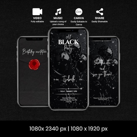 All Black Birthday Party Invitation, Formal Attire, Editable Canva Template