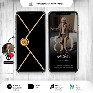 May include: A digital birthday invitation template for mobile phones featuring a black background with gold lines forming an envelope shape and a wax seal with the number 80. The second screen shows a photo of an older person with the text 80.