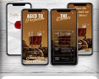 Invitation vidéo d'anniversaire « Vieilli jusqu'à la perfection », thème Whisky (téléchargement numérique)
