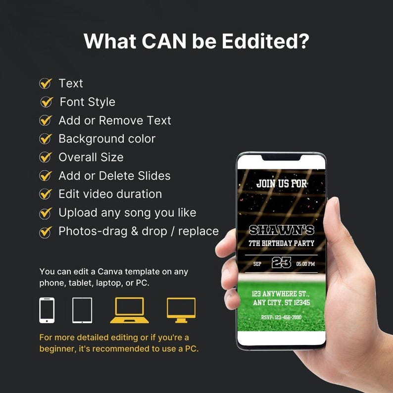 The image is a promotional graphic for a canvas template service, showing a hand holding a smartphone displaying a canvas template for a 7th birthday party.