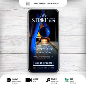 Bowling Birthday Invitation, Blue Neon Glow (Editable Digital Download)