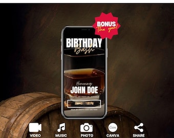 Modèle d'invitation d'anniversaire whisky : téléchargement de photos modifiables, numérique