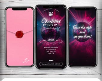 Geanimeerde disco verjaardagsuitnodiging: neonroze, bewerkbaar (digitale download)