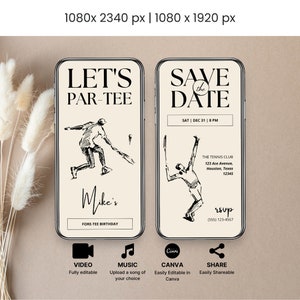 Editable Tennis Birthday Party Invitation, Elegant Beige Hand-Drawn Illustration, Tennis Party Invite, Online Canva Template