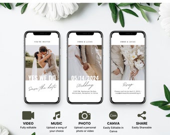 Puede incluir: Plantilla de invitación de boda animada de tres páginas con una fecha para guardar, detalles de la boda e información de RSVP. La plantilla presenta una pareja en una foto en cada página.