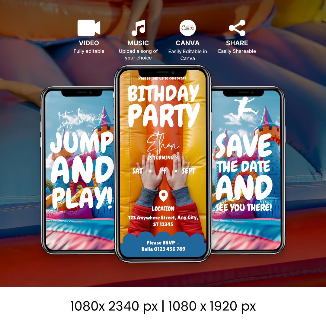 Animated Kids Let's Bounce House Party Invitation | Digital Children’s Jumping Birthday Invite | Editable Video Template | Fun and Playful