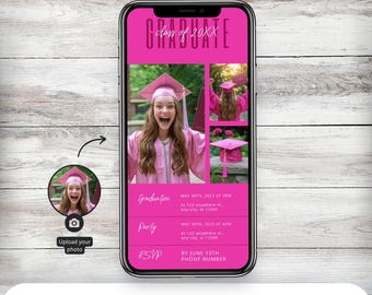 Plantilla de invitación rosa para fiesta de graduación: Invitación moderna con foto (Descarga digital)
