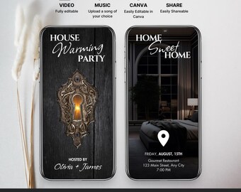 Könnte beinhalten: Eine digitale Einladung zu einer Einweihungsfeier. Die Einladung zeigt eine dunkle Holztür mit einem Schlüsselloch und einem leuchtenden Licht im Inneren. Der Text "HOUSE WARMING PARTY" ist in weißen Buchstaben geschrieben. Die Einladung enthält auch den Text "HOSTED BY Olivia + James".