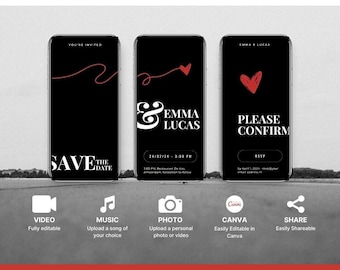 Animated Wedding Save the Date Video Invitation: Red & Black (Digital Download)