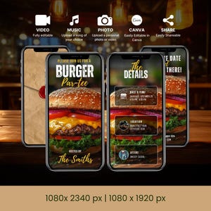 Animated Editable Burger Party, Digital Invitation, American Par-tee Dinner, Instant Download, Online Invite Template, Food theme