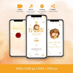 Plantillas de invitación para baby shower con leones animados / Invitación digital con león en acuarela / Invitación para baby shower con temática de jungla de safari / Descarga instantánea