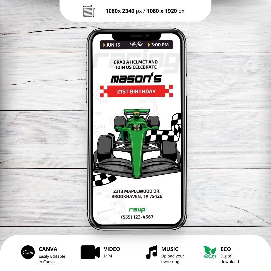 Animated Race Car Birthday Invitation: F1 Speedway Mobile Invite ...