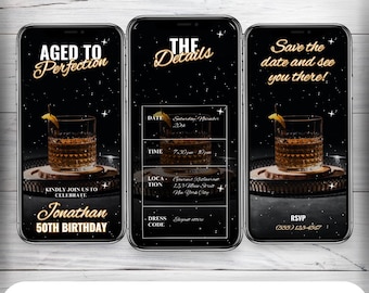 Invitation vidéo d'anniversaire « Vieilli jusqu'à la perfection » : thème Whisky (téléchargement numérique)