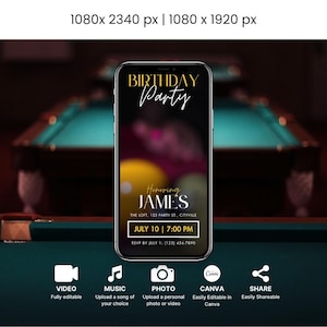 Może przedstawiać: Cyfrowe zaproszenie na przyjęcie urodzinowe z tłem bilardowym. Zaproszenie jest na przyjęcie urodzinowe Jamesa 10 lipca o 19:00 w The Loft, 123 Party St., Cityville. Zaproszenie można łatwo edytować w Canva i udostępniać.