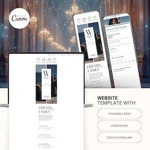 May include: A website template for weddings with a countdown timer, RSVP tracking, and geolocation link. The template features a white background with black text and a photo of a couple in the background. The text "FRIENDS & FAMILY" is displayed on the website.