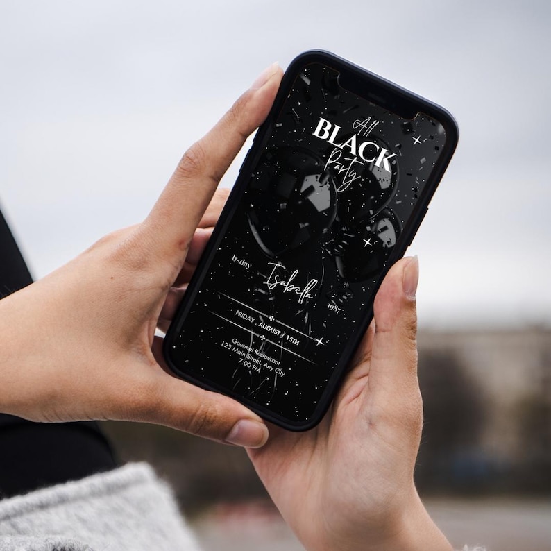 オールブラックの誕生日パーティー招待状、フォーマルな服装、編集可能なCanvaテンプレート 画像 3
