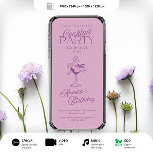 Faire-part d'anniversaire animé cocktail, invitation violet modifiable minimaliste moderne, dessiné à la main, 30e, 40e, 50e, modèle DIY en ligne