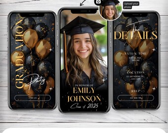 May include: A digital graduation invitation template with a black background and gold accents. The template features a photo of a graduate wearing a cap and gown, a text box for the graduate's name, and a text box for the date and time of the graduation ceremony. The template also includes a text box for the location of the ceremony and a text box for RSVP information.