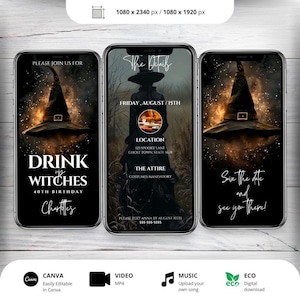 ハロウィン誕生日招待状：魔女たちよ、乾杯！（編集可能なデジタルダウンロード）